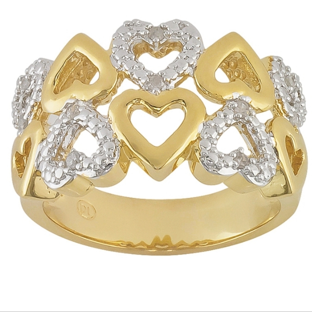 HN HENG NGAI- Sterling Silver /Diamond Hearts Gold Ring-6.5